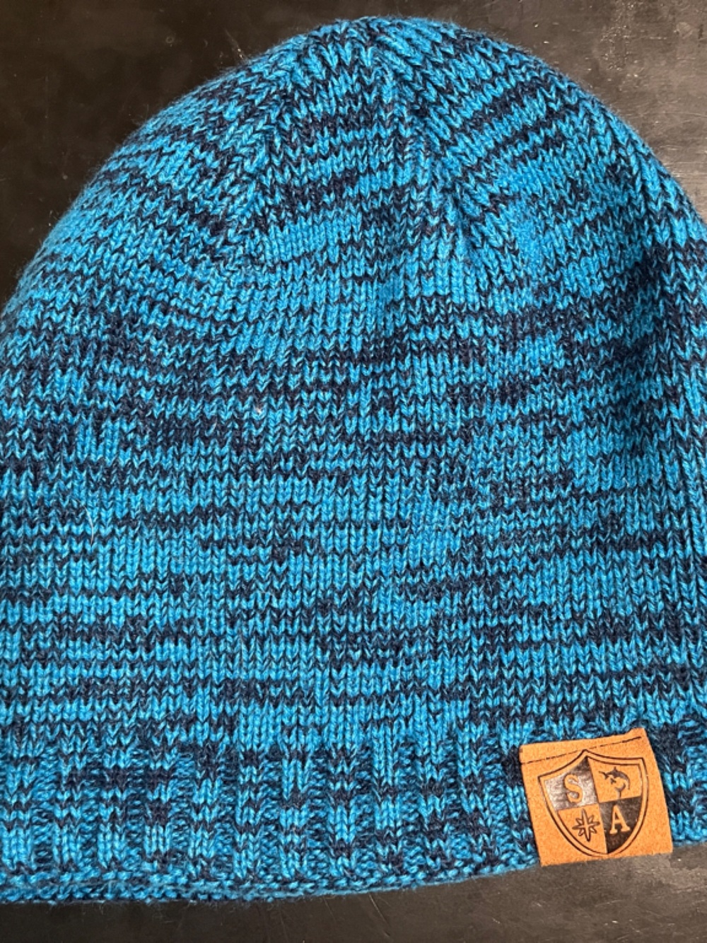 Blue & Black Knit Beanie with Leather Patch